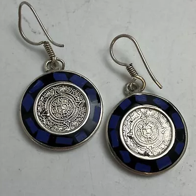 925 Mexico Mayan Calendar Lapis Lazuli Inlaid Dangle Drop Earrings GORGEOUS! • $34.95