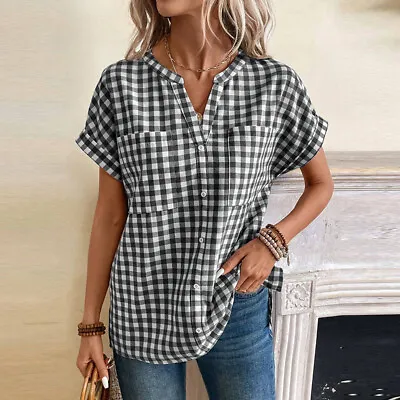 UK Women V Neck Short Sleeve Tops T-shirt Check Plaid Casual Loose Shirt Blouse • £14.99