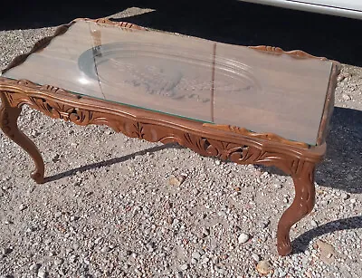 Mid Century Carved Walnut Eagle Coffee Table With Glass Top  (CT339) • $599