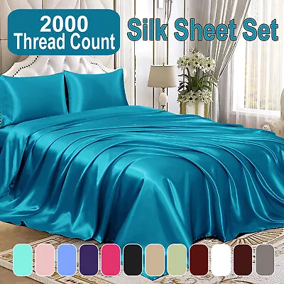 Silk Satin 2000TC 4Pcs Sheet Set Flat Fitted Sheet&Pillowcase Double Queen King • $27.54