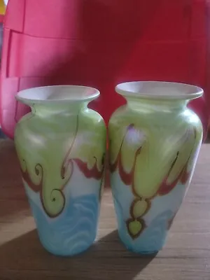 Gorgeous Vandermark Glass Matching Rare Vintage Vases 70s Colorful Iridescent  • $429