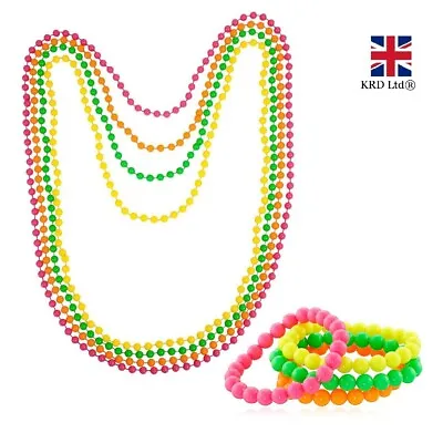 NEON BEADS NECKLACE BRACELET SET 80s Costume Accessory Bright Rave Fancy Dress • £5.59