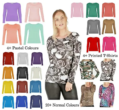 Womens Ladies Long Sleeve Stretch Plain Round Scoop Neck T Shirt Top Assorted • £7.35