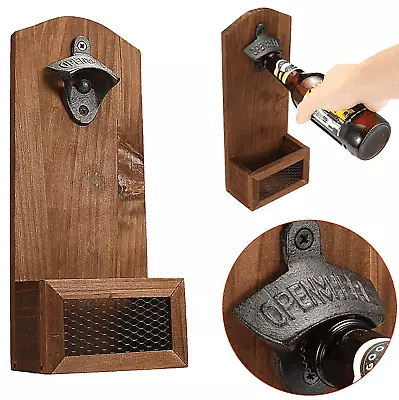 Vintage Wooden Stainless Steel Wall Mounted Bottle Opener Beer Bar Gift • $26.95