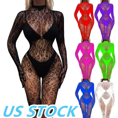 US Womens Sheer Fishnet Bodystockings Sexy Full Body Bodysuit Jumpsuit Nightwear • $7.86