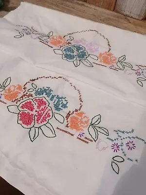 Vintage Pillowcases Handmade 2 Cross Stitch Flowers Country Cottage Floral Linen • $12.33