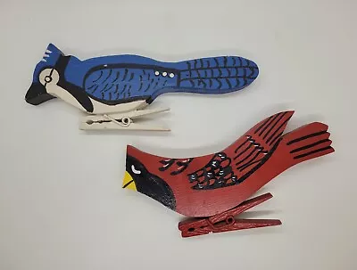 Vtg Wood Cardinal Blue Jay Birds W/Clothespin Clip Mid Century Kitsch Set Of 2 • $7.99