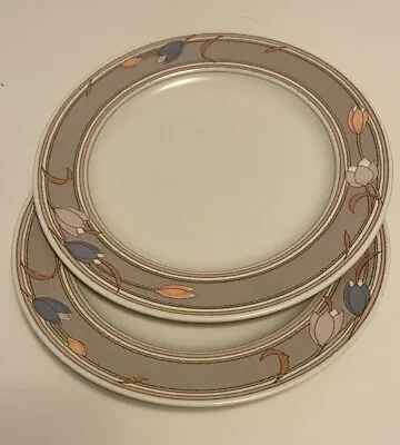 Set Of Two Mikasa Intaglio Meadow Sun Dinner Plate CAC02 Taupe Pastel Tulips 11  • $21.95