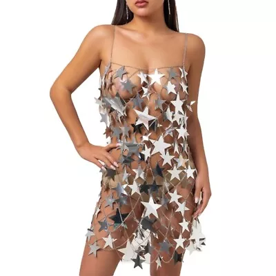 Womens Hollow Out Body Chain Dress Big Star Sequins Skirt Bikinis Chain • £22.78