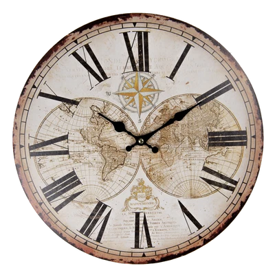 £15.99 • Buy World Map Wall Clock Rustic Vintage Style Atlas Roman Numerals 34cm Brown/Cream