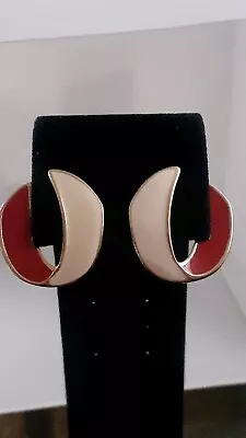 Monet Vintage Cream & Red Enamel Gold Tone U Shape Clip On Earrings • $18