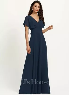 Dark Navy Blue A-Line V-Neck Floor-Length Chiffon Bridesmaid Dress • £60