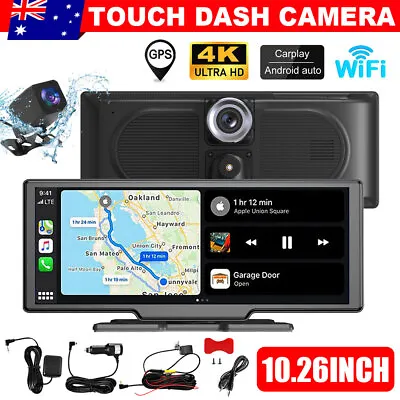4K 10.26  Touch Dash Cam Wireless Car Play Android GPS Auto Dual Car Recorder • $130.86