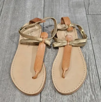 NICCOLO VACARI Women Tan Metallic Gold Leather T-Strap Sandals 8M • $17.99