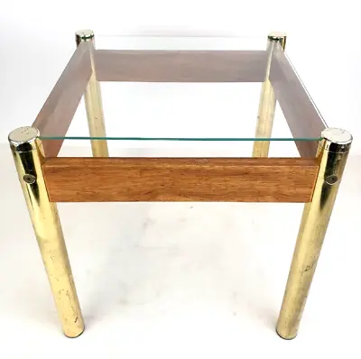 Mid-Century Modern Brass/Wood Side End Table W/Glass Top 14  Sq Retro Furniture • $90.99