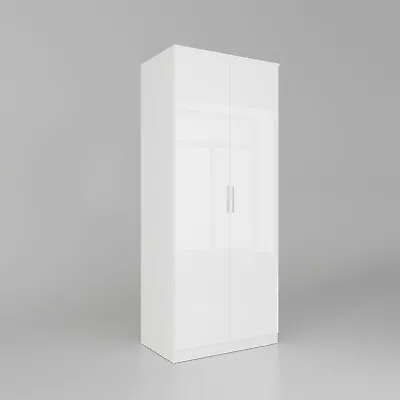 2 Door Wardrobe With Hanging Rail White High Gloss Bedroom Storage Cupboard • £129.99