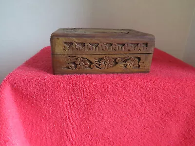 Brown Hinged  Hand-Carved Wooden Jewelry/Trinket Box With Red Felt Lining • $7.50