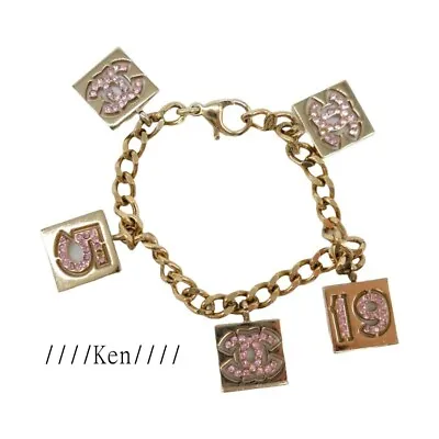 CHANEL Bracelet AUTH Coco Mark CC Chain Logo Vintage Gold Pink Rhinestone　F/S • $620.99