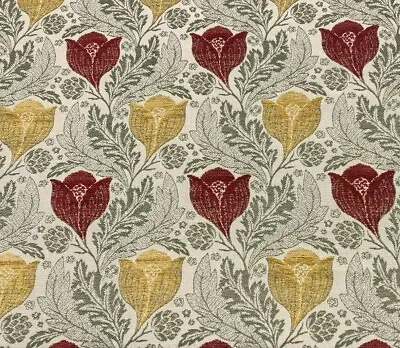 Warwick Ashbee Vintage Fabric | Gold Red Floral Tulip Cloth | Upholstery Curtain • £14.95