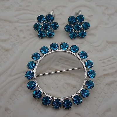 Vtg B David Teal Rhinestone Circle Wreath Pin Silver Tone Clip Earring Set Box • $29.95