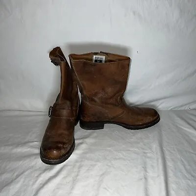 Womens Frye Tyler Cognac Brown Leather Distressed  Buckle Engineer Boots Sz 8 B • $49.99