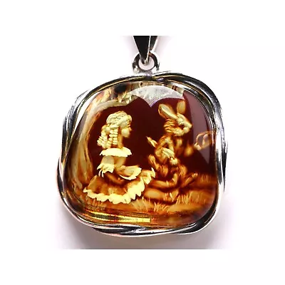 Amber Alice & Wonderland Pendant - Vtg Style Hand Carved Intaglio Art Necklace • $190