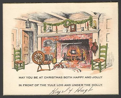 Vintage ART DECO Christmas Card OneSided Spinning Wheel Fireplace Scene 1920-30s • $5.75