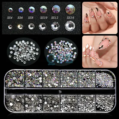 Crystal Nail Art Flat Back Box Decor Nails Rhinestones Diamond Beads 12 Grids AU • $5.20