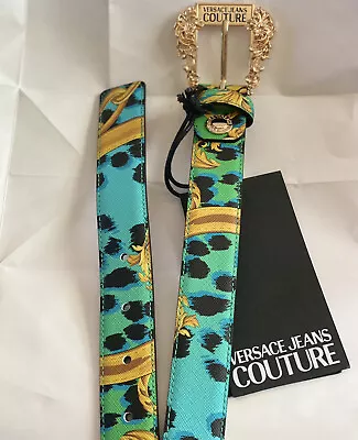 Versace Leo Chain Print Baroque Leather Belt Green Blue Gold Women Size 2/70 • $175