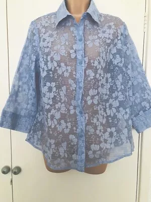 Ladies Pretty Blue Semi Sheer Embossed Floral Shirt By Damart Size 18 🌸 • £2.25