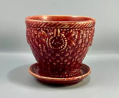Vintage McCoy Pottery Red Basket Weave Flower Pot Planter W/ Attached Saucer • $45