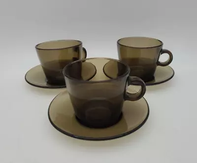 Lot 3 France Vereco Glass Coffee Brown Smoked Cup Saucer Sets • $19.50