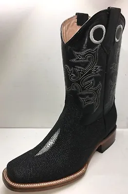 Mens Stingray Cowboy Boots Print Leather Black Square Toe Bota Mantarraya Negra • $131.19