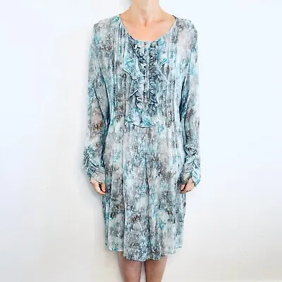 Megan Park Size 14 16 L XL 4 Blue Tie Dye Silk Long Sleeved Ruffle Shift Dress • $57.28