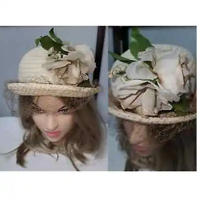 Vintage 30s 40s Round Cream Straw Hat Lg White Flower Veil Art Deco 20.5 In. • $34.99