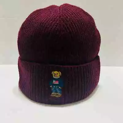 Polo Ralph Lauren Denim Bear Beanie Hat Cap Adult Burgundy Knit Cuff Outdoors • $39.97