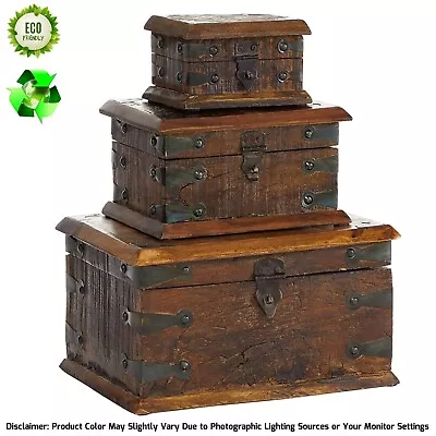 Vintage Storage Trunk Rustic Wood Box Antique Pirate Treasure Chest W Hinged Lid • $136.75