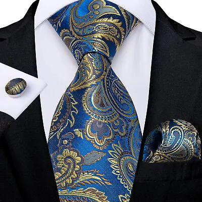 DiBanGu Men Silk Blue Gold Paisley Tie Woven Necktie Pocket Square Cufflinks Set • £8.81