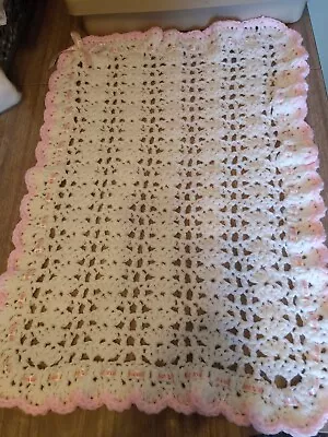 New Hand Crocheted Baby Girl Blanket White With Pink Trim And Ribbon 20  X 26 . • £12