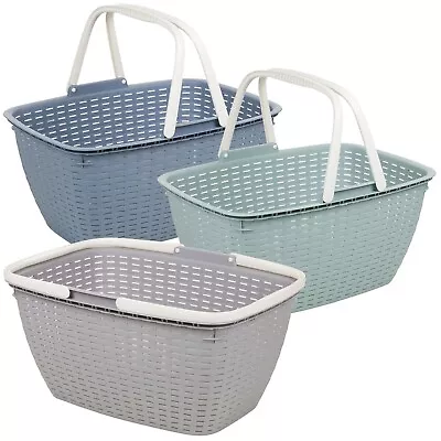 £10.99 • Buy 3 Colour Plastic Rattan Shopping Storage Carrying Basket Box With Folding Handle