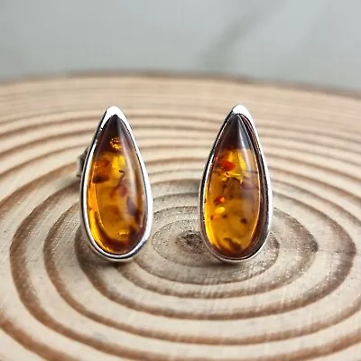 925 Sterling Silver & Baltic Amber Classic Teardrop Studs Earrings - G030S • £21.74