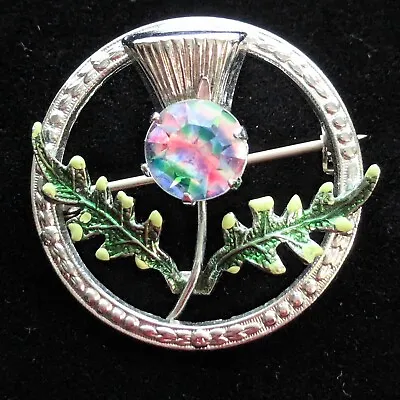 Mizpah Enamel Scottish Thistle Brooch Pin Watermelon Rhinestone Signed Jewelry • $25.50