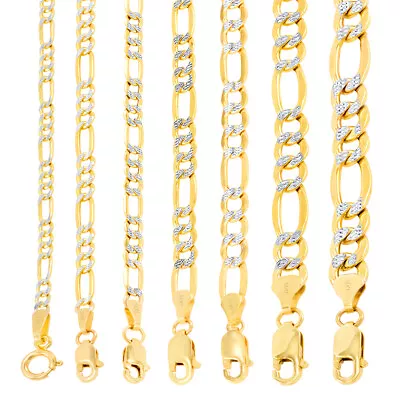 14K Yellow Gold 2-8mm Diamond Cut White Pave Figaro Link Chain Necklace 16 - 30  • $173.98