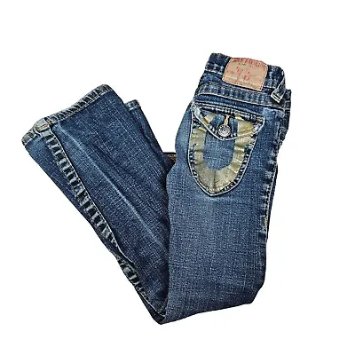 True Religion Jeans Youth Kids Girls Joey Size 7 Distressed Gold Pocket Logos • $9.74