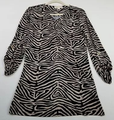 Michael Michael Kors Tunic Blouse Women P/L Petite Large Black Beige Tiger Logo • $15.29