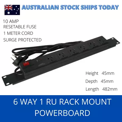 Rack Mount PDU 19  Power Board 6 Way GPO 1RU Strip Rail SPIKE & 10A PROTECTED • $38.75