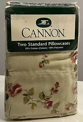 VTG Cannon 2 Standard Pillowcases Beige Mauve Floral-Flowers-Made USA-Retro-Gift • $19.97