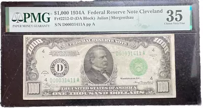 1934A $1000 FRN CLEVELAND SERIAL #D00031411A  (0Fr#2212-D PMG 35 NICE NOTE • $4599