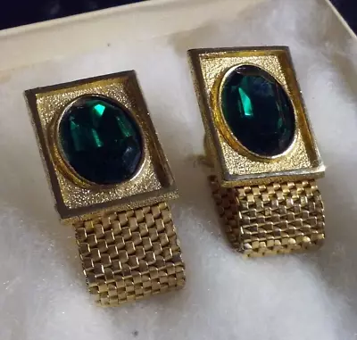 Mesh Wrap Around Cufflinks With Emerald Green Glass Stones Bold Chic Gold-Tone • $9