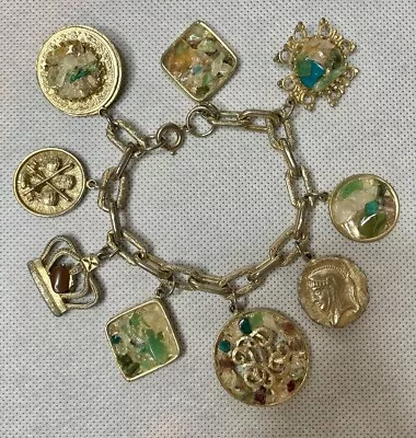 Vintage Stone Mosaic Gold Tone Linked 9 Charm Bracelet - Crown Cross Lances • $12.95